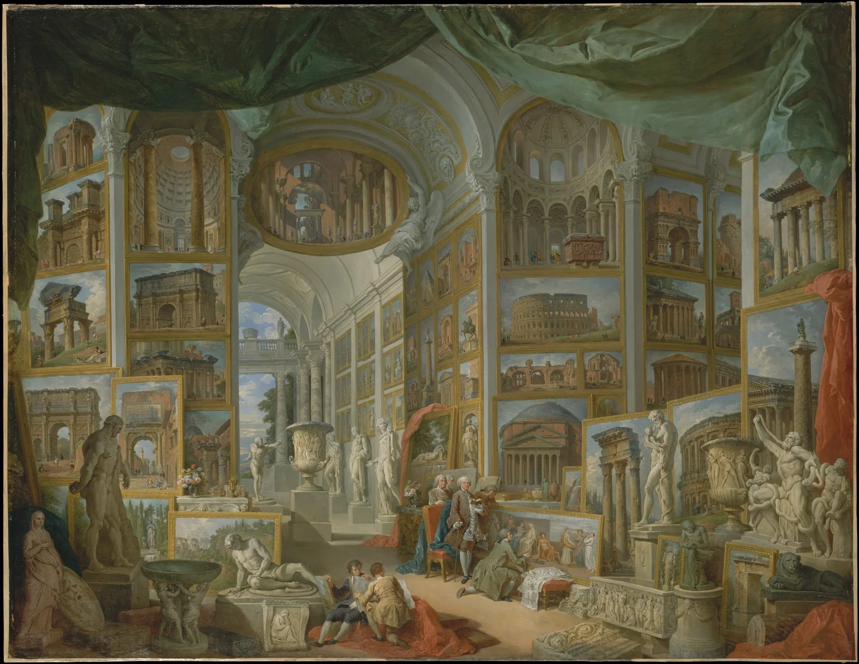 Giovanni Paolo Panini, Ancient Rome — a picture gallery whose walls are covered with paintings of Rome's monuments, with figures studying them