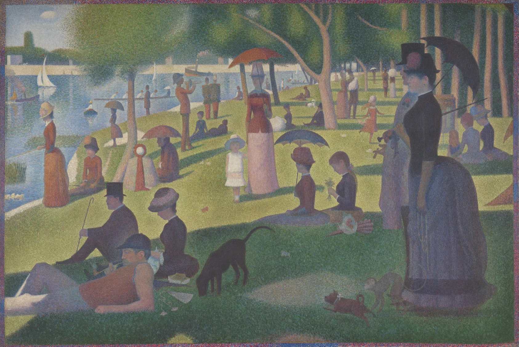 Georges Seurat, A Sunday on La Grande Jatte — 1884: Parisians at rest on an island in the Seine, painted in fine dots of colour