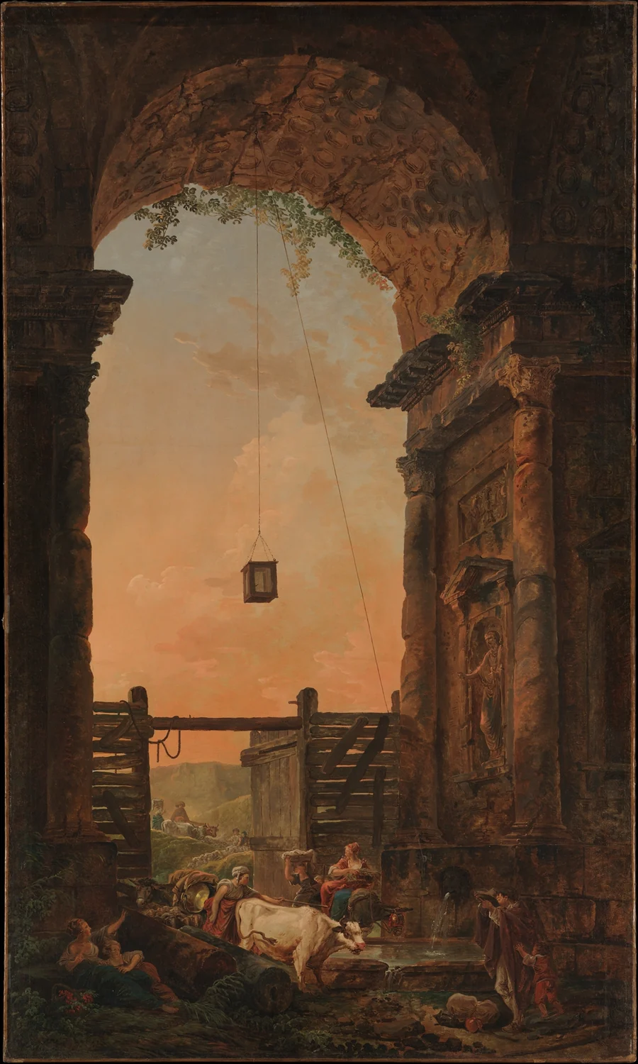 Hubert Robert, The Return of the Cattle, about 1773 — warm evening light through a great stone arch, with people and their cattle settling in for the evening beneath it.